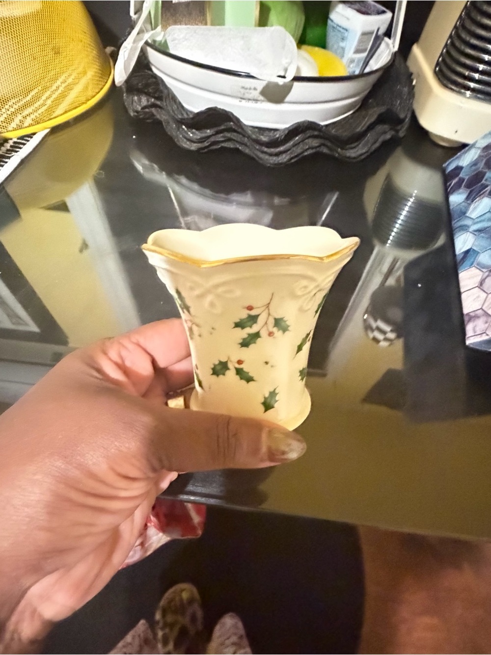 Lenox Cream Ceramic Holly Accent Vase with Gold Trim